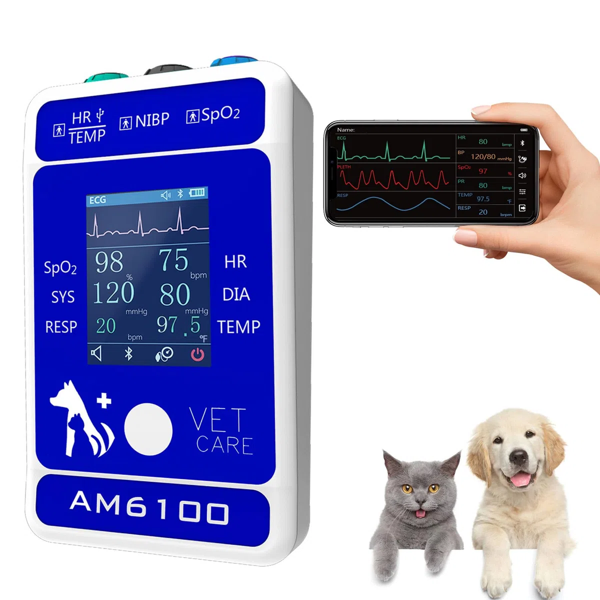 Digitaler Tierarztmonitor für Hunde und Katzen, 6 Parameter, Tier-Mnitoring-Ausrüstung, Vet Spo2 Pulsdruckmessgerät für Heimklinik, einfache Bedienung und klares Ablesen, Bluetooth 5.0