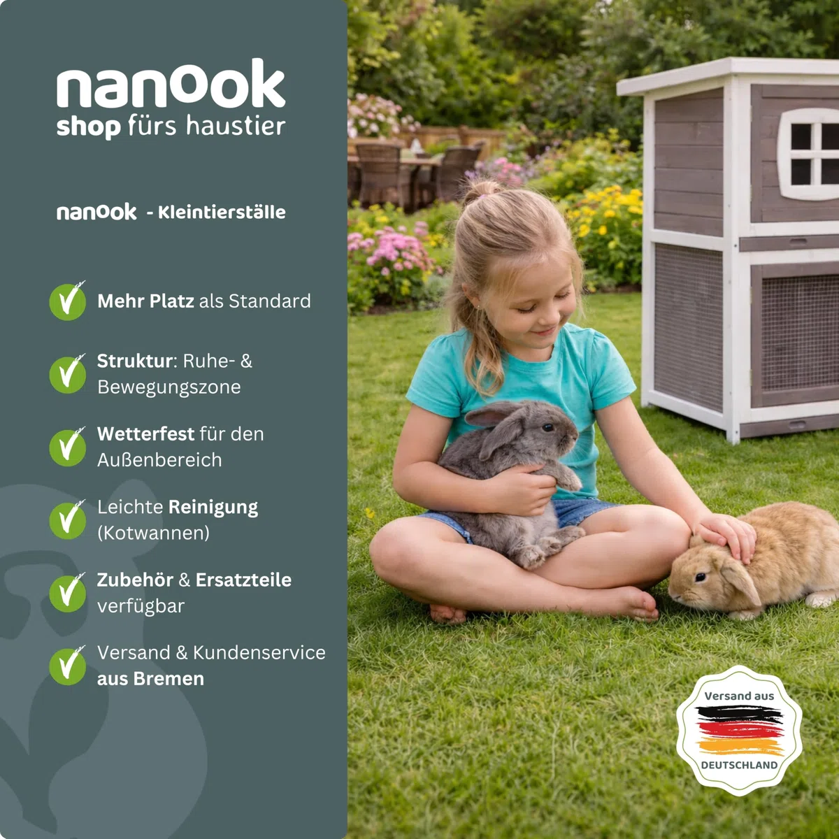 nanook Murmel XXL Doppel Kaninchenstall Hasenstall - doppelstöckig - wetterfest - 211 x 52 x 107 - Farbe: Taupe/Weiss - extra großes Kaninchengehege