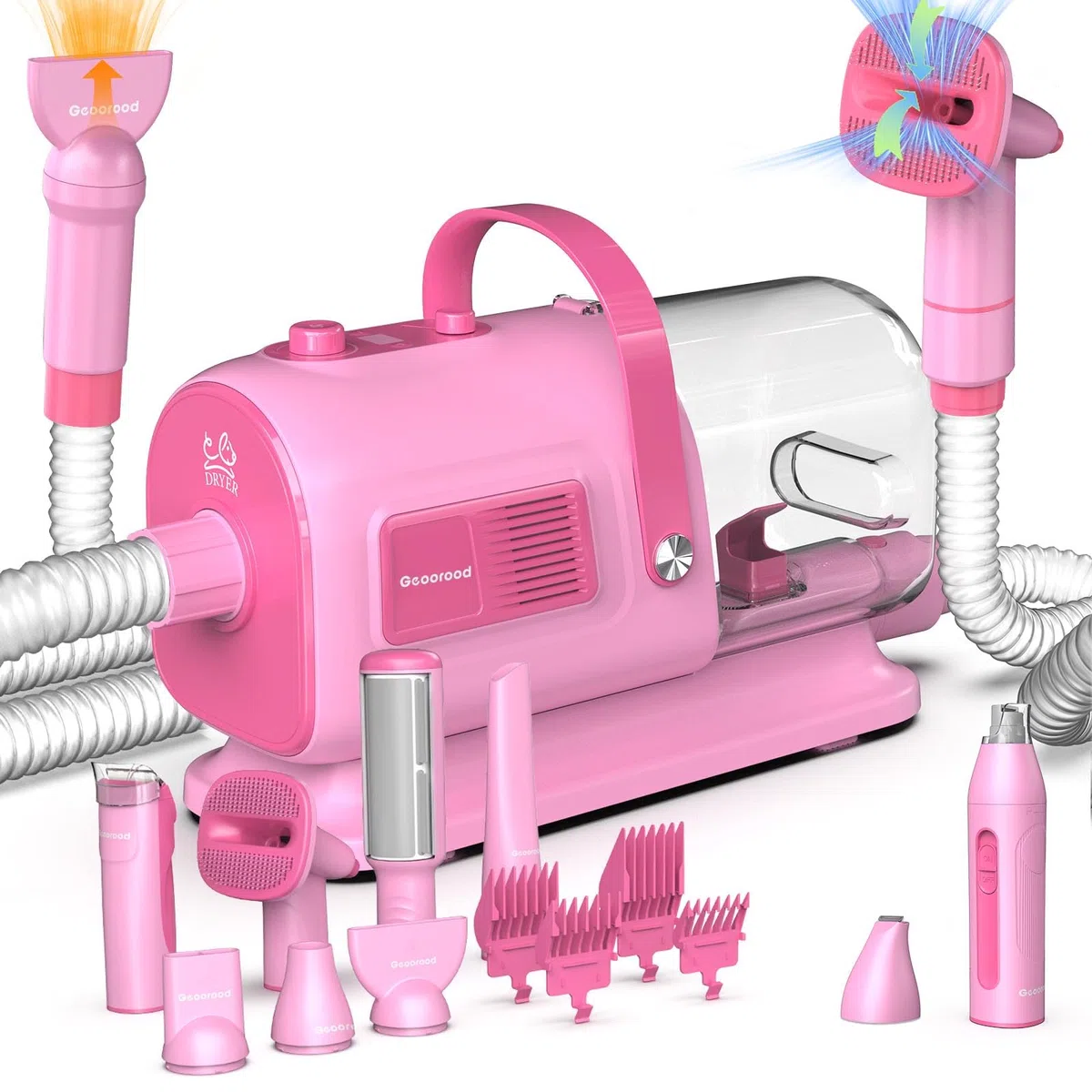 Hundepflege-Vakuum- und Trockner-Set, Gebläse für Haustier-Vakuum-Pflege, 7-in-1, mit Clippern für Hunde, Haarausfallbürste, Entferner, Werkzeuge zu Hause, Rosa