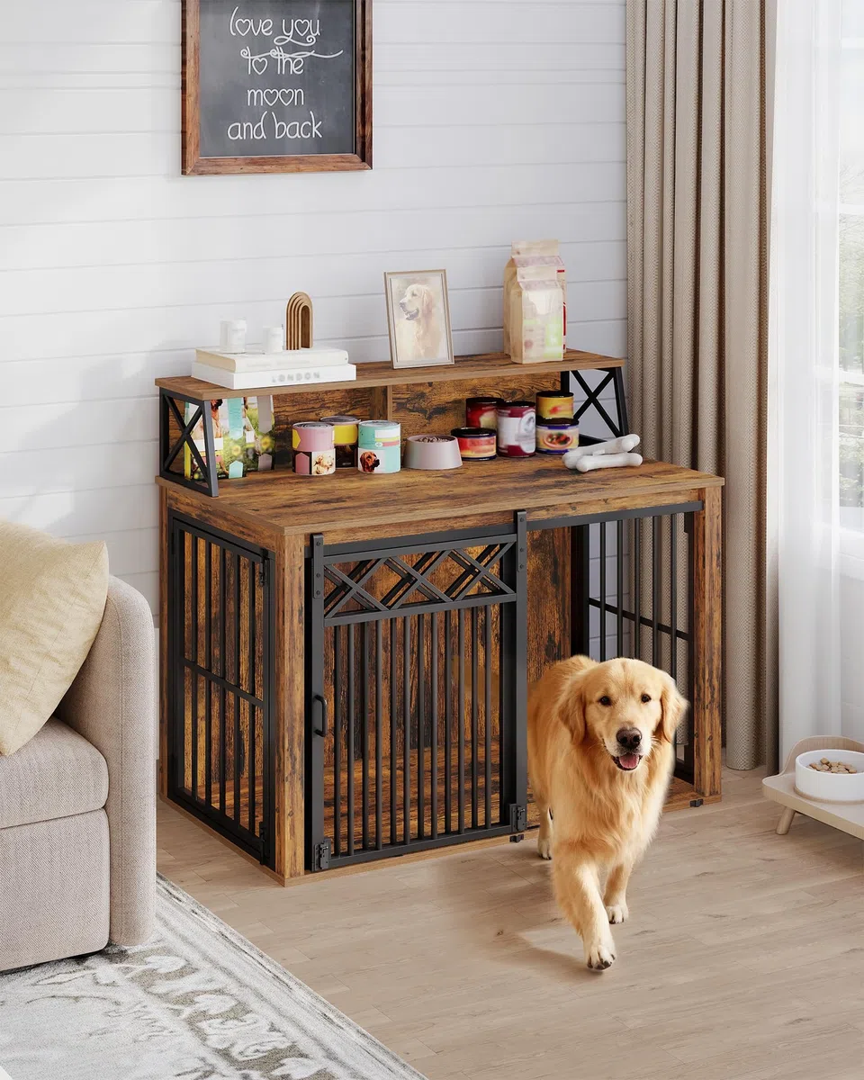 Hzuaneri Hundekäfig Möbel mit Lagerregal, Dreitürige Hundebox für Zuhause, Indoor Kennel mit Scheunentür, Beistelltisch, Geeignet für Mittlere/Große Hunde, 100 x 60 x 86 cm, Vintage Braun DFC87401B