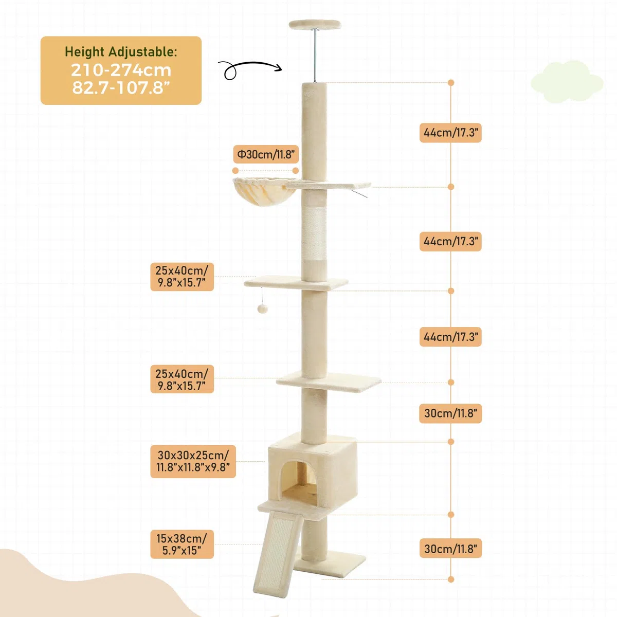 PAWZ Road Kratzbaum deckenhoch, Katzenbaum vom Boden bis zur Decke verstellbar, höhenverstellbar (216-273cm), Katzenturm mit Hängematte und Katzenhöhle, Anti-Sturzgurt Beige