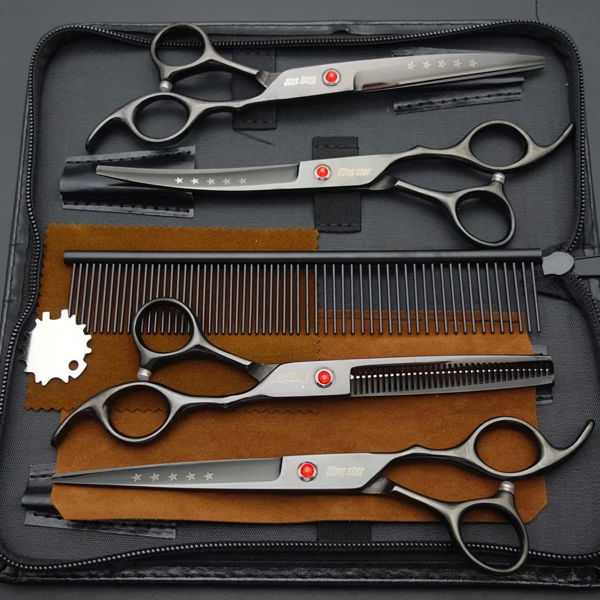 Professionelles Fellscheren-Set aus Titan, 17,8 cm, gerade, dünner werdend, gebogen, 4-teiliges Set für Hundepflege, Hellschwarz mit Kamm