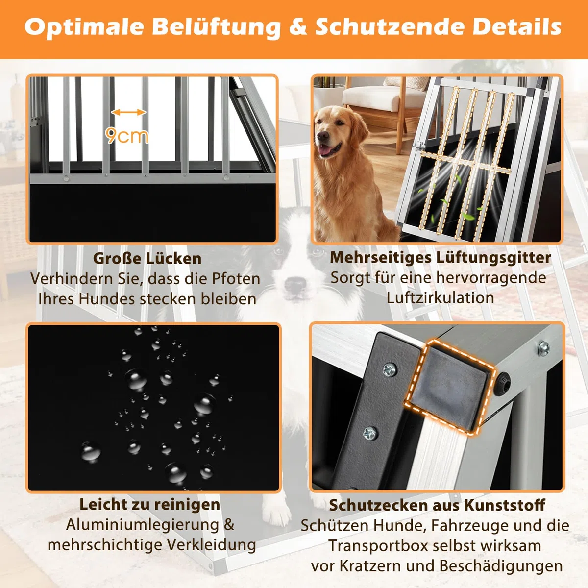 GYMAX Hundebox Auto, Transportbox Hund mit Sicherheitsverschluss, leicht & stabil, Alu Hundetransportbox für Kofferraum, Rückbank & Zuhause (91 x 65 x 69,5 cm)