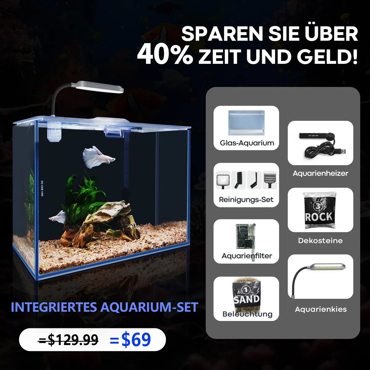 Aquarium Desktop-Set 10L Kleines Fischbecken 30x15x22, Ultra-Klares Glas mit Selbstreinigungsfilter, Helles Licht, Heizung, Steine,Kies, Reinigungswerkzeug, Randloses Fischglas für Anfänger Starterkit