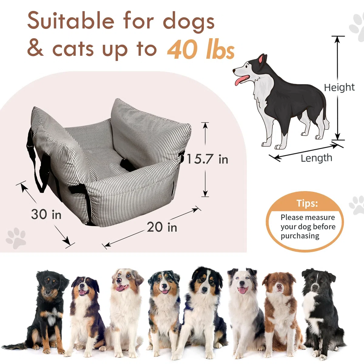 Hundesitz Auto für Kleine/Mittlere Hunde unter 18 kg, Tragbares Autositz Hund mit Sicherheitsgurt und Aufbewahrungstaschen, Waschbarer Hund Booster Autositz, Anti-Rutsch-Boden (Braun, 76 x 52 cm)