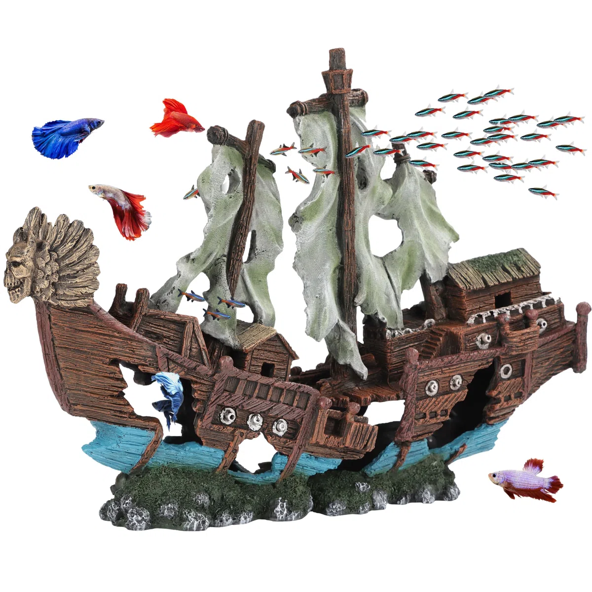 UNEAK XXL Schiffswrack Aquarium Große Dekorationen Ornament mit Segel (2 Stück) 20 Gallonen hoch und größeres Aquarium, versunkenes Schiff, Dekoration, Ornamente, Piratenboot, Harz, Süß- und