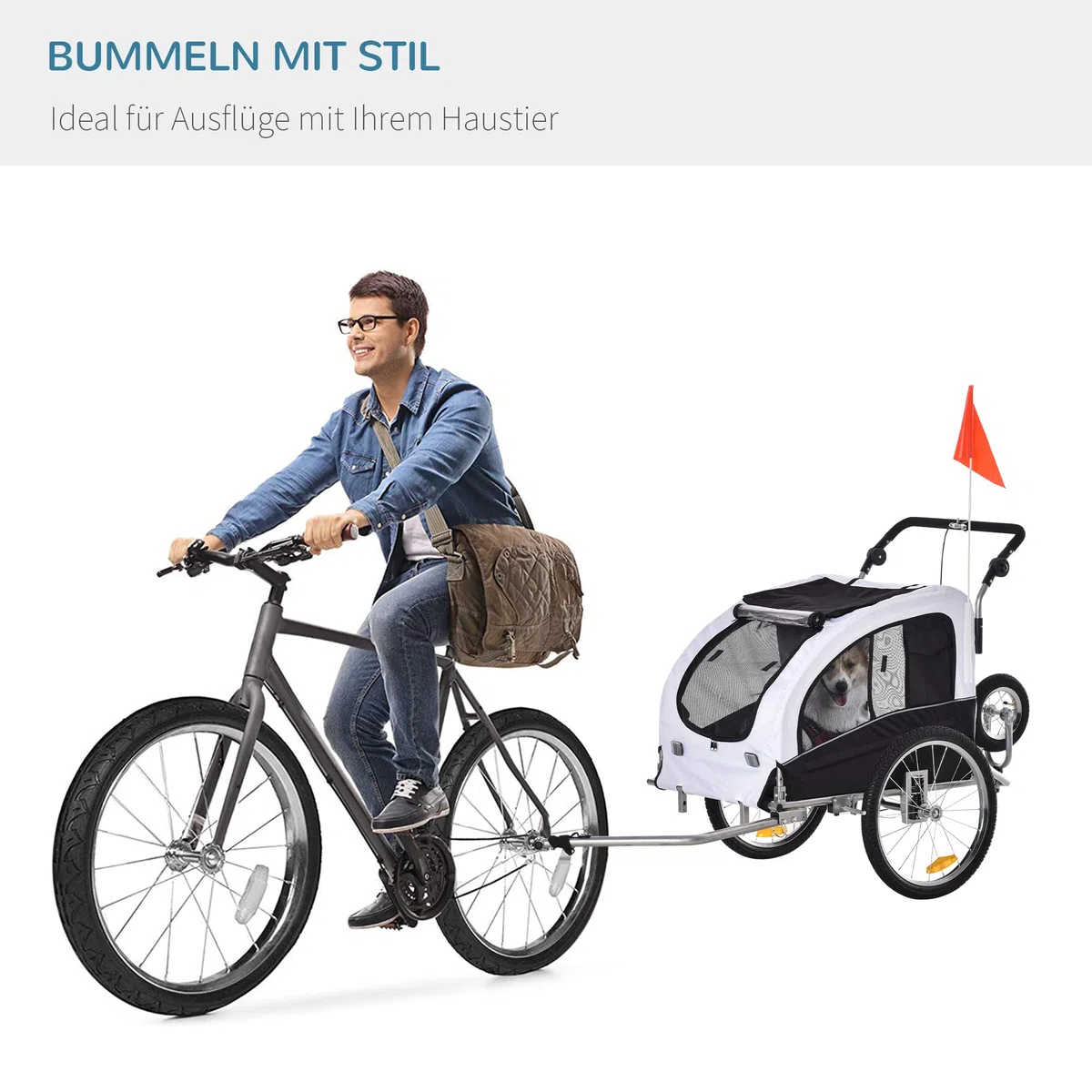 PawHut 2-in-1 Hundeanhänger, Fahrradanhänger für Hunde, Hundewagen mit Reflektoren, Fahne, Hundefahrradanhänger Hundebuggy, Oxford-Gewebe