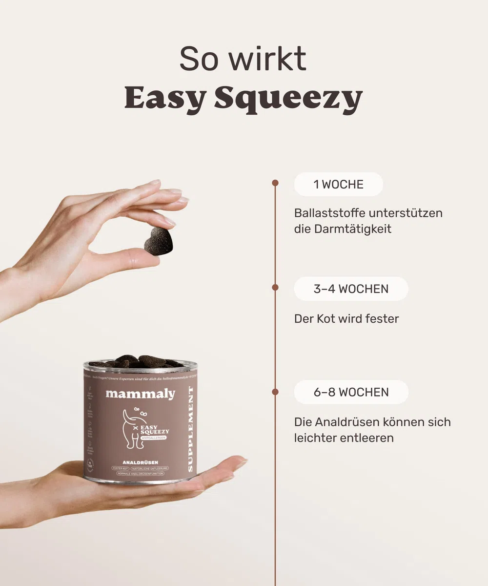 9 in 1 Analdrüsen Leckerli für Hunde mit Ballaststoffen - Easy Squeezy 120 Snacks (350g) von mammaly - gegen verstopfte Analdrüse - für festen KOT und natürliche Analdrüsenentleerung für deinen Hund