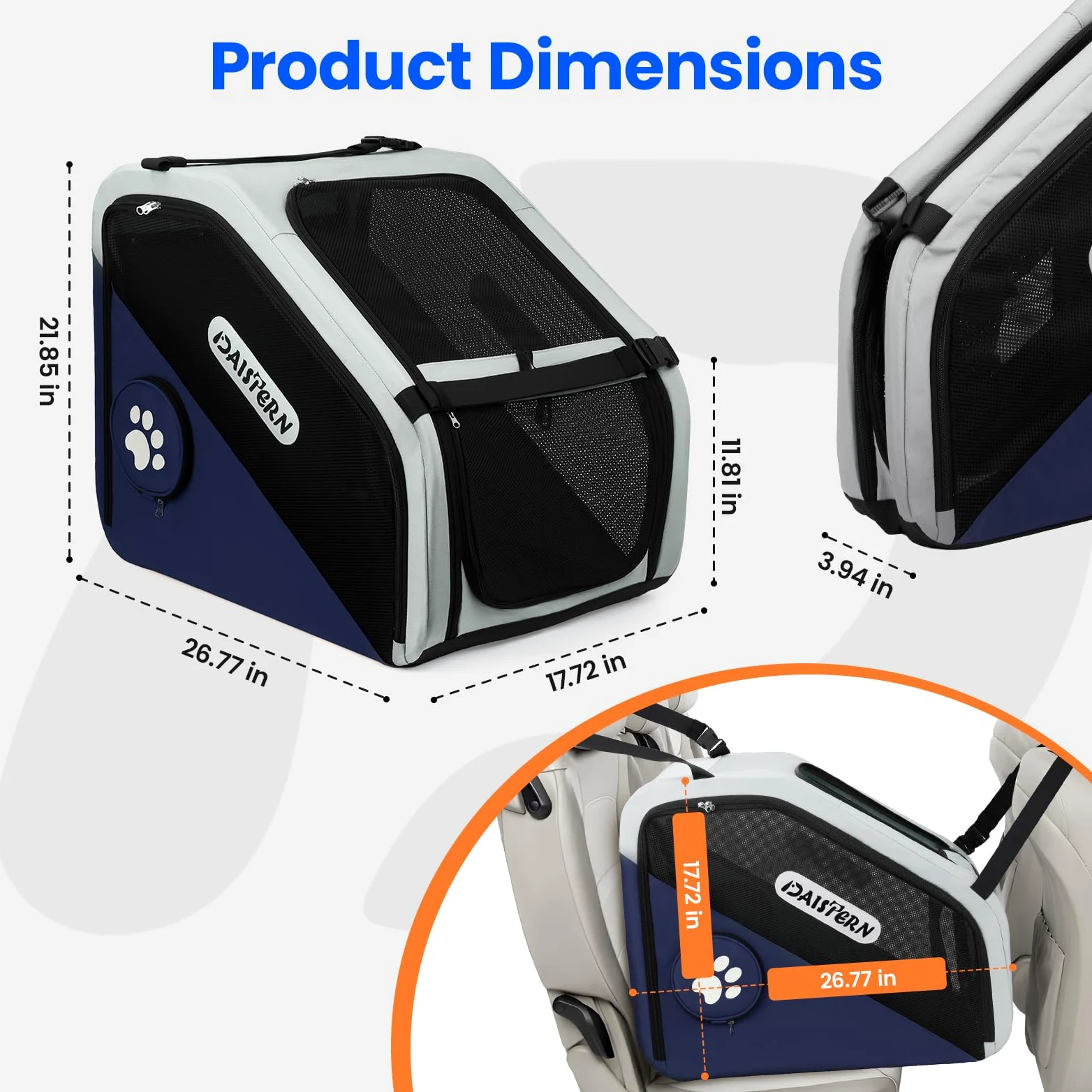 Faltbare Hunde Transportbox für Auto & Reisen, Tragbare Softbox für kleine & mittelgroße Hunde, 1-Minuten-Schnellfold, Robustes Metallgestell, Atmungsaktive Netzfenster & Komfortzugang, Blau