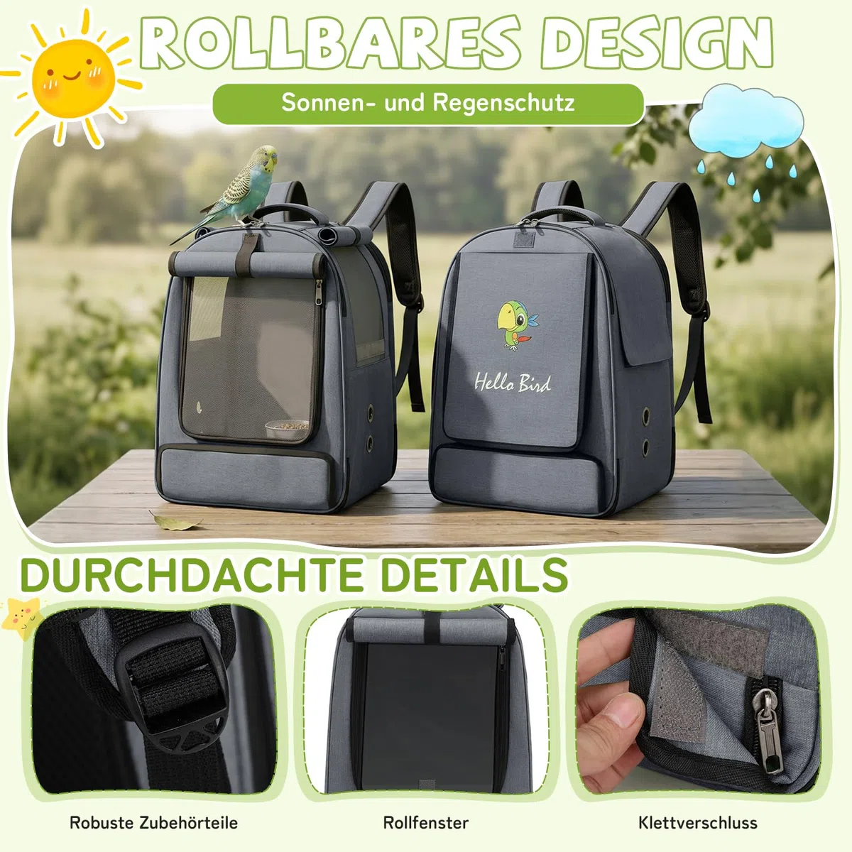 ALLSOPETS Vogelrucksack Leicht und Atmungsaktiv Tragbarer Papageiträger für Kleine Tiere mit Ständer Verstellbarer Höhe und Sichtfenster ideal für Reisen (Anthrazitgrau)