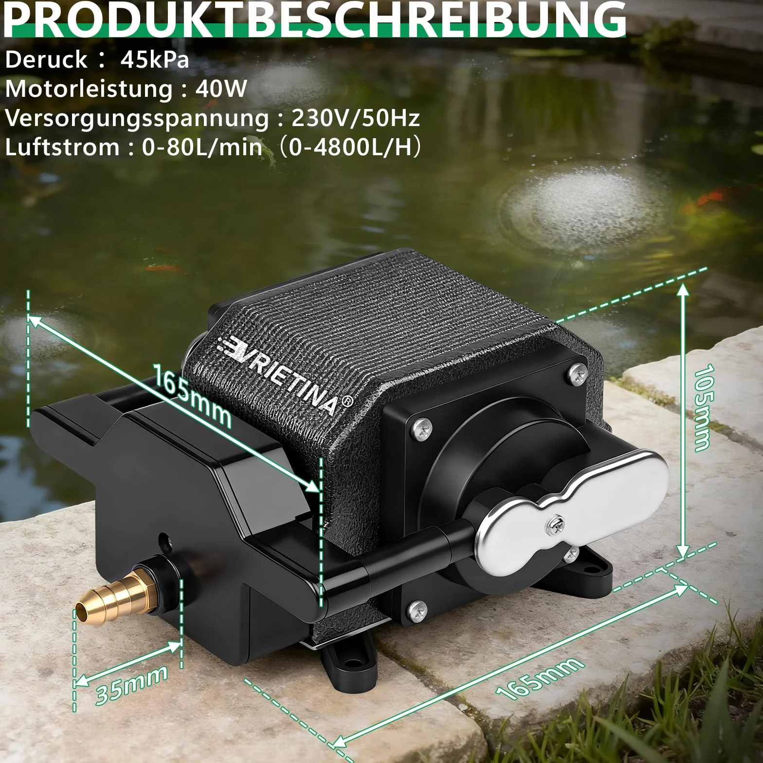 40 Watt Aquarium Luftpumpe mit Dual-Kanal-Kupfermotor, Aluminiumgehäuse, Leistungsstark Teichbelüfter, Max Teichinhalt 72 m³, Durchflussrate 80L/Min, Ideal für Großen Aquarien und Teichen