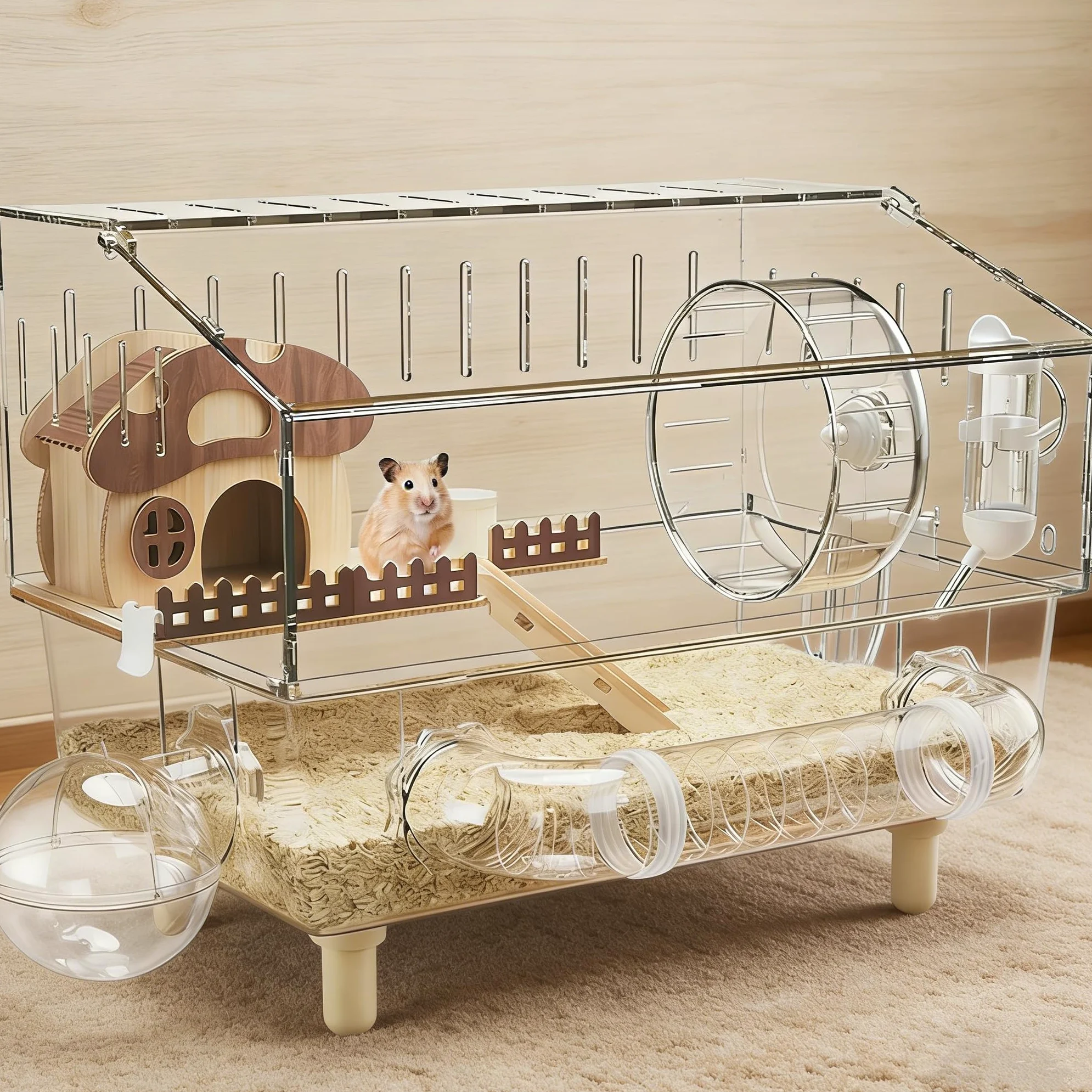 Hamsterkäfig, Nagerkäfig, Kleintierkäfig, Trainingshaus, Acryl, transparent, tragbarer Aufbewahrungs-Spielplatz, Hamster-Rad-Gehege für Zuhause, Reisen, 43 * 30 * 34cm