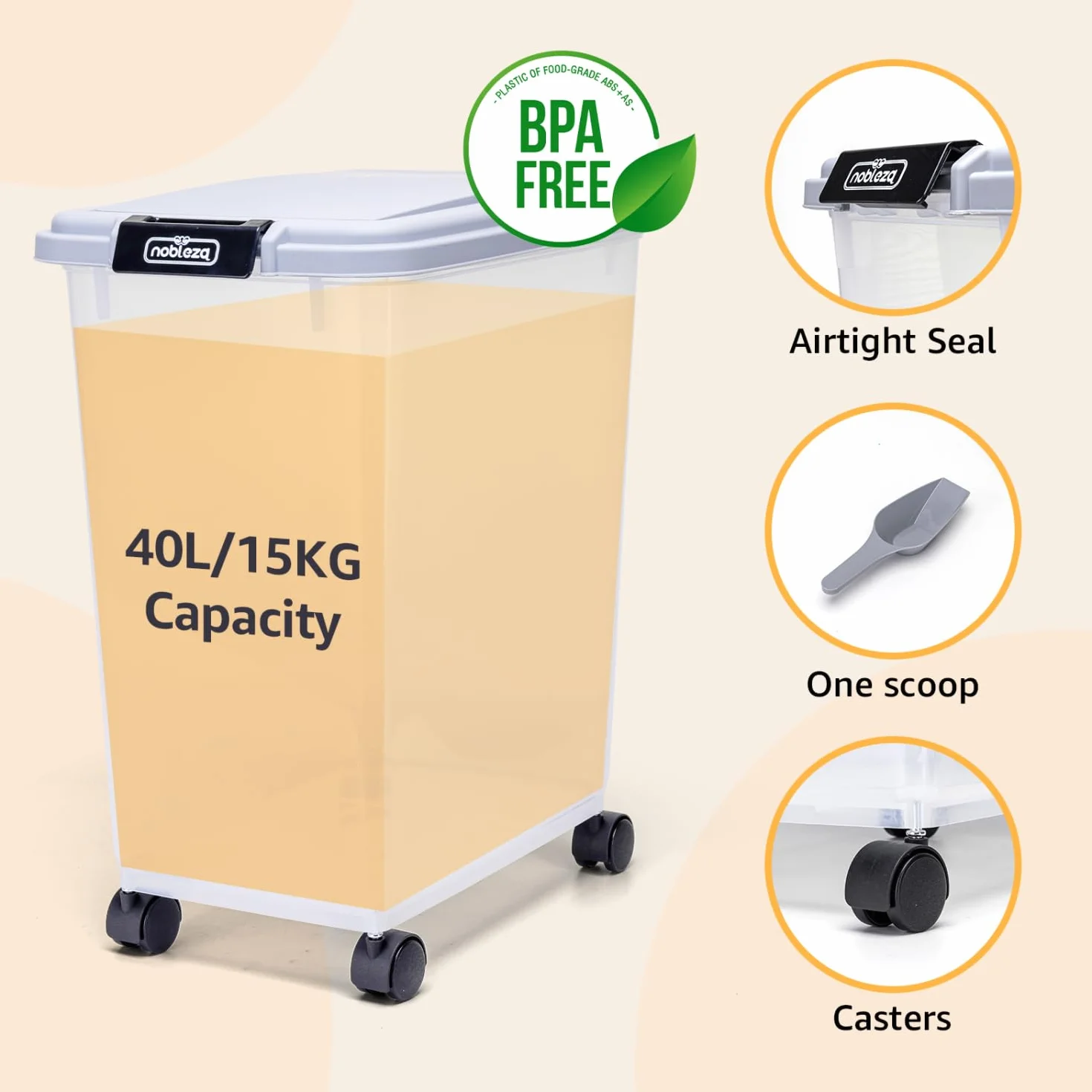 Nobleza - 2 Stück Futterbehälter für Haustiere,40 L,für Haustiere, Lebensmittelbox mit Rädern,Klappdeckel,Luftdicht,Transparent, Rollen und Schaufel,für Hunde und Katzen,Grau