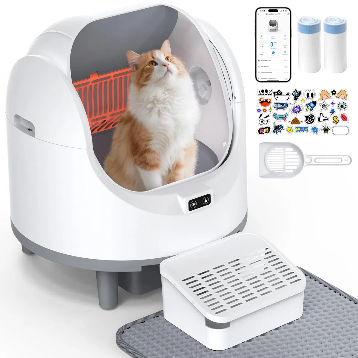 Offenes, Katzenklo Selbstreinigend für große Katzen (10 kg), XL Automatische Katzentoilette, 2 Rollen Müllbeutel, Geruchskontrolle, 10 Sicherheitssensoren, leise Roboter-Toilette für Katzenklo