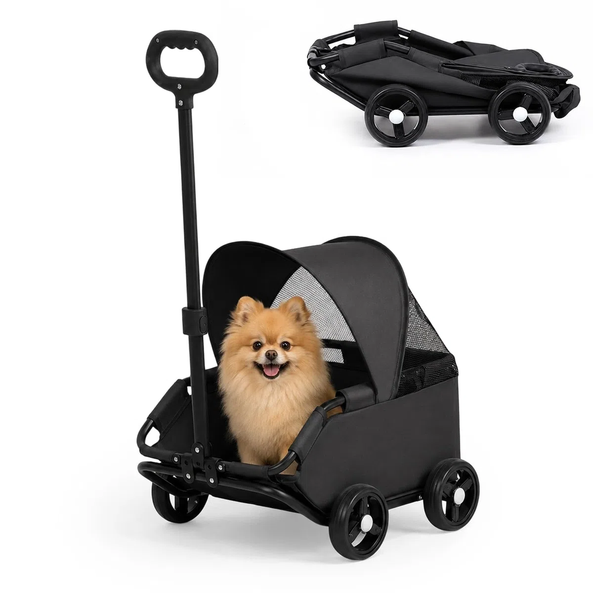 Mini Hundewagen, Hundebuggy für Kleine Hunde bis 7 kg, Faltbare Multifunktionaler Haustierwagen mit 360° Drehbarer Teleskopgriff, Sonnendach, Kinderwagen für Kleine Haustiere