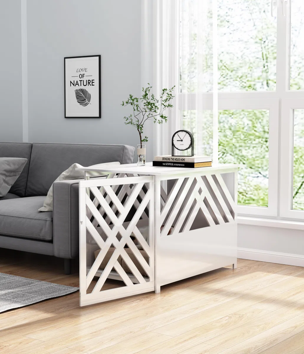 Design Hundekäfig aus Holz für Zuhause Wohnung mit Beistelltisch, Hundebox fürs Wohnzimmer Indoor, 90x60 cm weiß