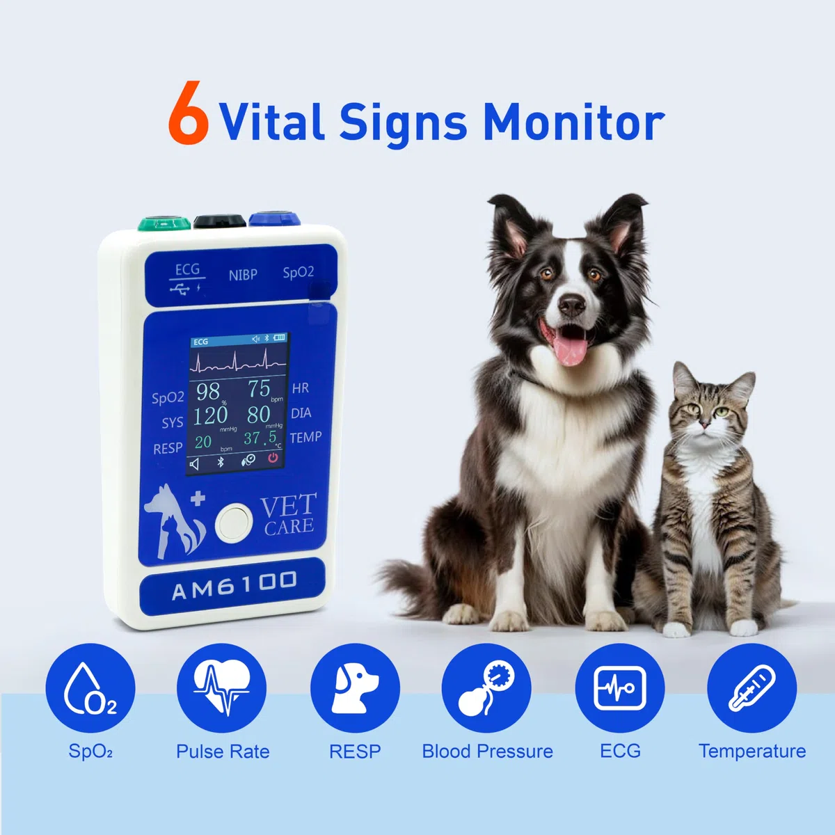 Digitaler Tierarztmonitor für Hunde und Katzen, 6 Parameter, Tier-Mnitoring-Ausrüstung, Vet Spo2 Pulsdruckmessgerät für Heimklinik, einfache Bedienung und klares Ablesen, Bluetooth 5.0
