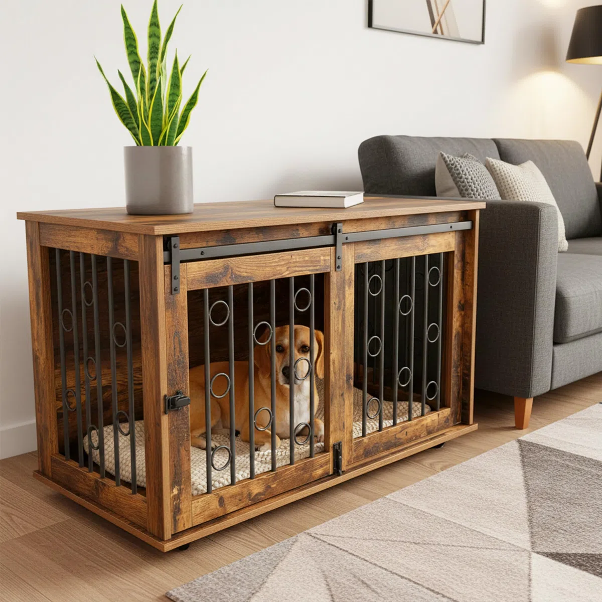 Relaxdays Hundekäfig Möbel, Hundegitterbox mit Ablage & Rollen, 2 Türen, HBT: 64x100x59 cm, Hundeschrank, braun/schwarz