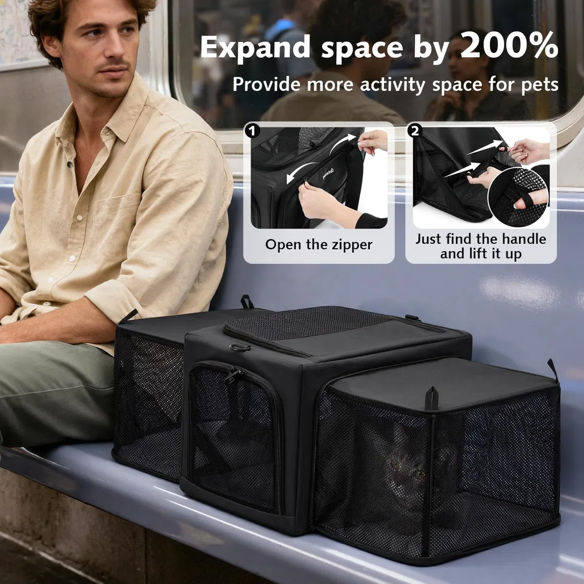 Pecute Transportbox Katze für Katzen & Kleine Hunde, Faltbar mit Seitenerweiterung, Atmungsaktiv Stabil, Ausbruchschutz, Für Auto Reisen Tierarzt, Dunkelgrau