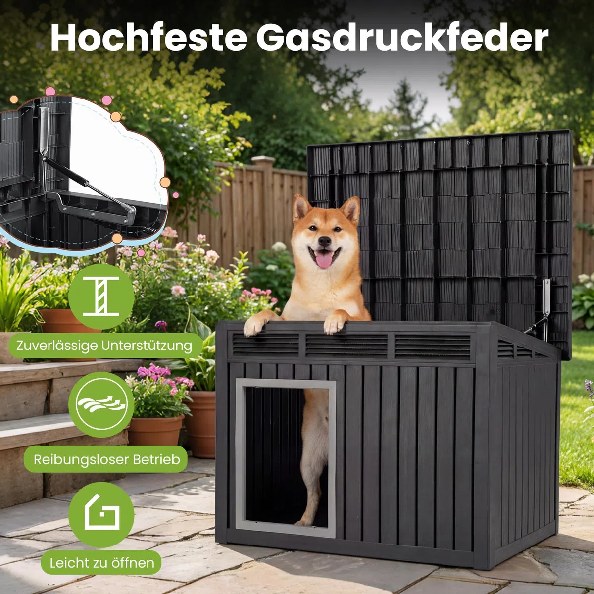 COSTWAY Hundehütte für Outdoor & Indoor, Hundehaus mit aufklappbarem Schrägdach, Entwässerungslöcher, Gasdruckfeder & Belüftungsöffnungen, Hunde Hütte für kleine & mittelgroße Hunde, 81 x 64 x 61 cm