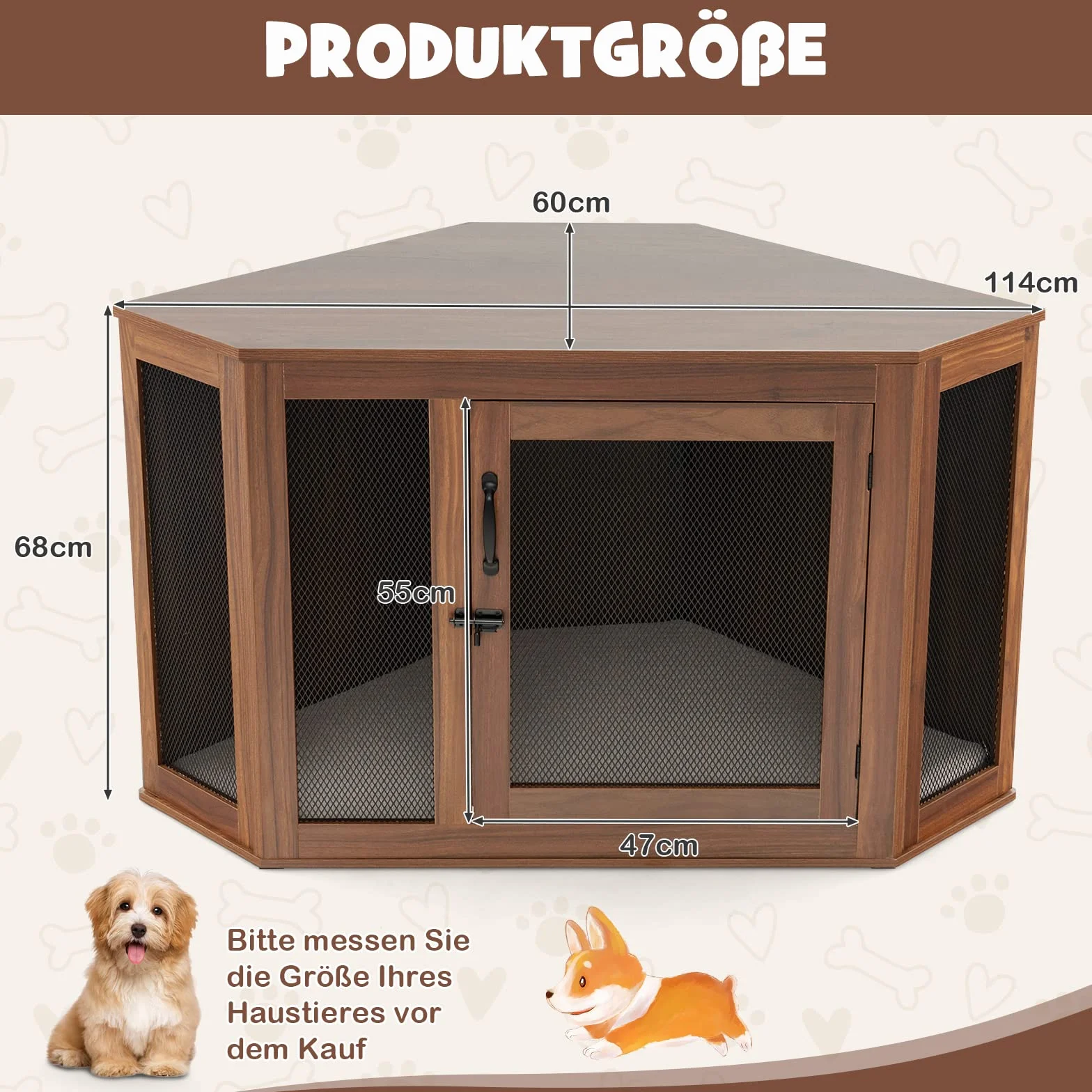COSTWAY Hundehütte Eck, Hundebox mit Tür & Kissen, Haustierkiste Möbelstil für kleine Hunde Katze Haustier, Tierkäfig Hundekäfig Hundehaus Haustierhaus Zuhause Innen, Braun, 114 x 60 x 68 cm