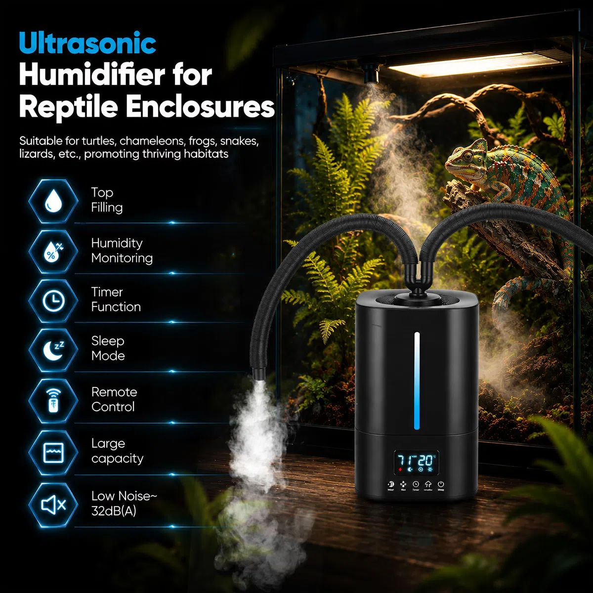 Luftbefeuchter für Reptilien und Pflanzen, 5L Terrarien-Befeuchter mit Fernbedienung, Timer & Schlafmodus, 3-stufiger Nebelausgang, Top-Fill Befeuchter für Eidechsen Chamäleons Schlangen Frösche