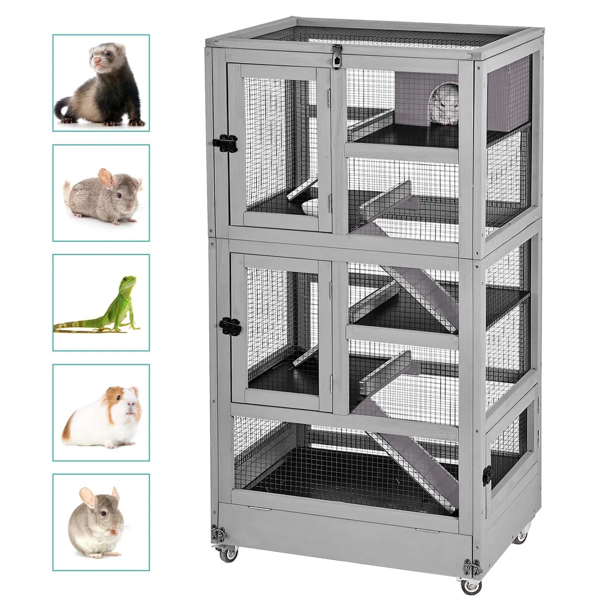Akinerri Großer Meerschweinchenkäfig,5 Levels Hölzerner Frettkäfig mit Rädern, Chinchilla Käfig Upgrade Metallrahmen Rattenkäfig für Indoor Outdoor (5 Level)