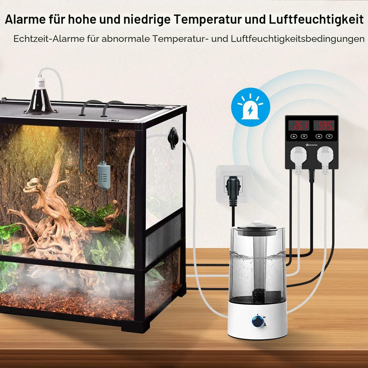 KETOTEK Thermostat Hygrostat Steckdose Digital, Temperaturregler Feuchtigkeitregler Steckdose mit 2 Fühler 230V, Temperatur Feuchtigkeit Regler für Gewächshaus Pilz Terrarium