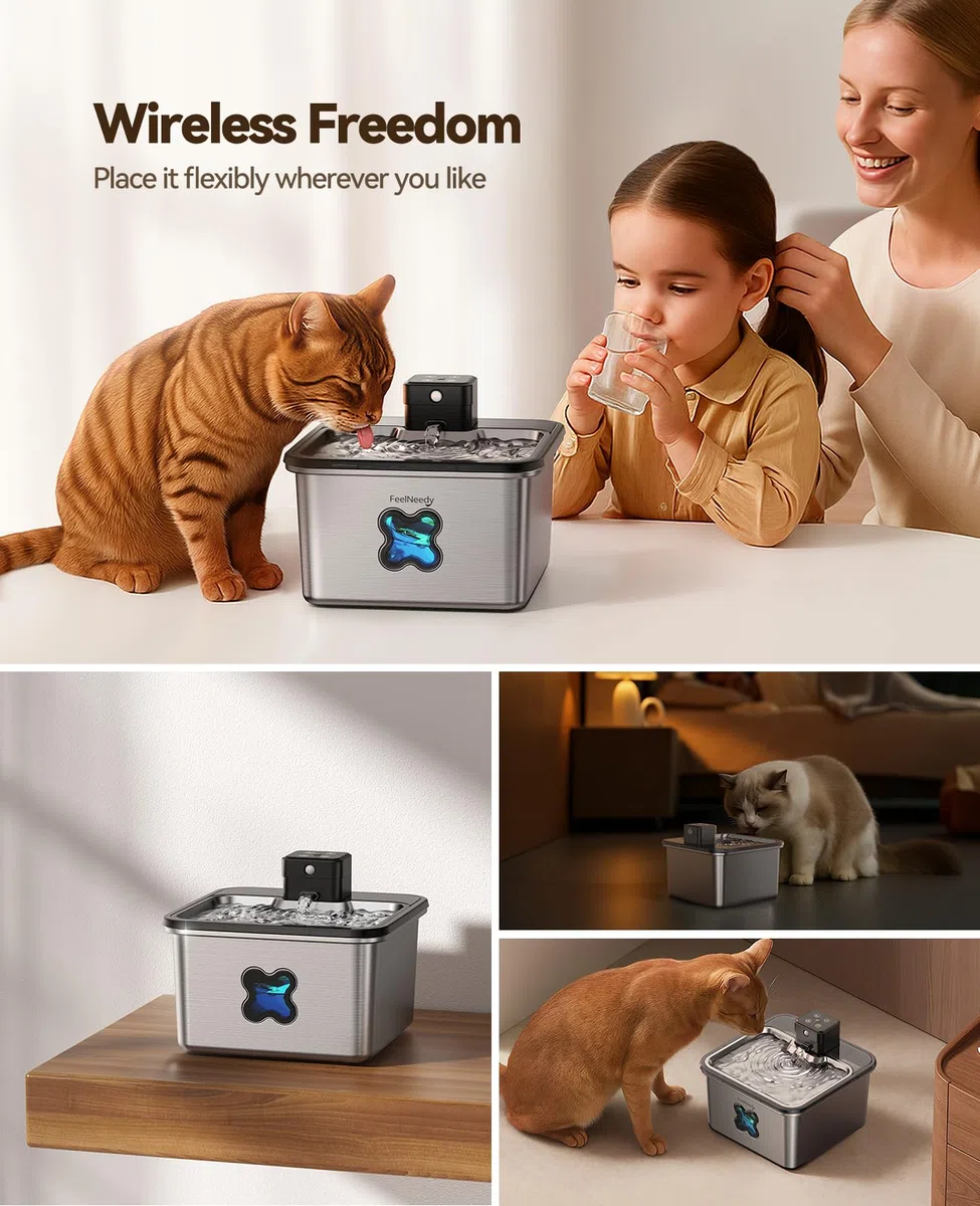 FEELNEEDY Katzenbrunnen Kabellos 3.2L mit 6 Filters, Trinkbrunnen für Katze Edelstahl 4000mAh Akku, Wasserbrunnen für Katzen mit Bewegungsmelder, Spülmaschinenfester