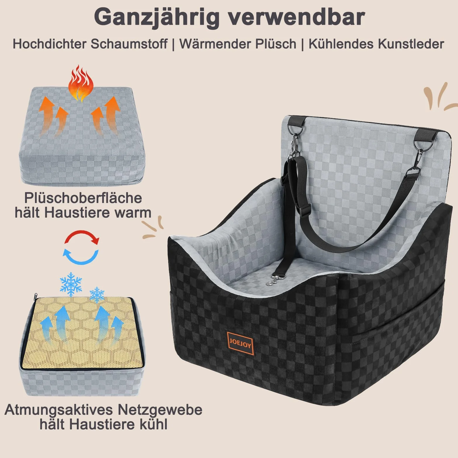 JOEJOY Hunde Autositz für kleine bis mittlere Hunde, Waschbarer Hundesitz Auto mit Aufbewahrungstaschen, Verdickter Memory-Schaum-Füllung, Hundeautositz Sitzerhöhung Hundesitz für Rückbank Vordersitz