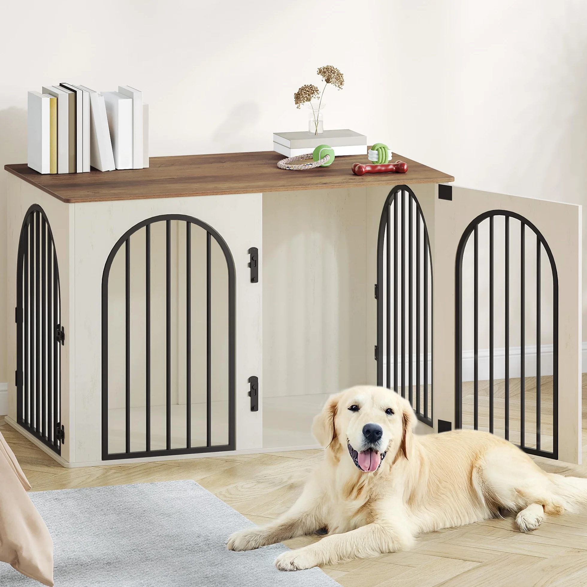 Hzuaneri Hundekäfig Möbel, 108 cm Hundebox für Zuhause, 3 Türen, Bogentür, Moderne Hundebox Indoor für Hunde, Beistelltisch, Hundekäfig Hochbelastbar, 108 x 64 x 76 cm, Weiß Braun DFC86014B