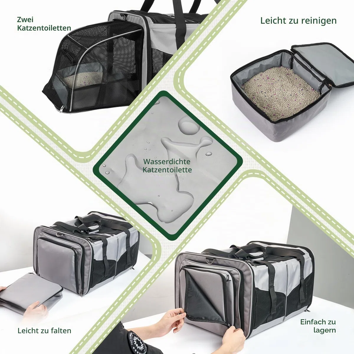 Katzentransportbox für 2 Katzen, Faltbar & Erweiterbar, Mit 2 Klappkatzenklos & Trennwand, Atmungsaktiv, Für Auto & Reise,Bis 7kg Belastbar, Grau