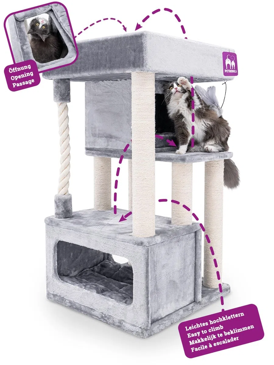 Petrebels Kratzbaum 107 cm, extrem Stabiler Katzenkratzbaum für Senioren Katzen, Kitten & Mehrkatzenhaushalte, Lodge 107, mit 2 Katzenhöhlen, XXL Liegekorb, Sisal-Stämmen & Spielseil, Grau