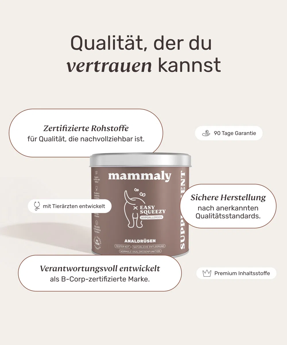 9 in 1 Analdrüsen Leckerli für Hunde mit Ballaststoffen - Easy Squeezy 120 Snacks (350g) von mammaly - gegen verstopfte Analdrüse - für festen KOT und natürliche Analdrüsenentleerung für deinen Hund