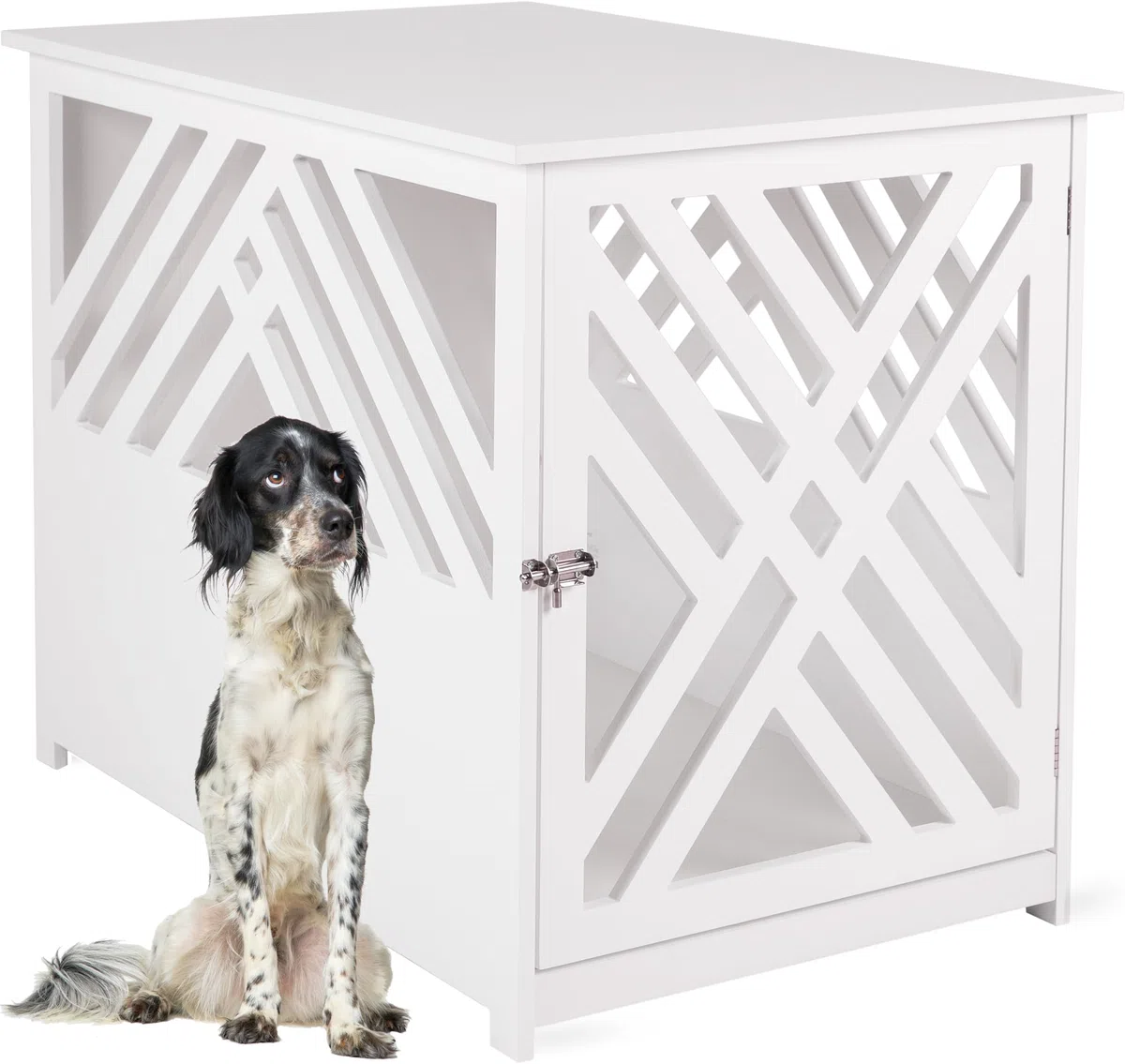 Design Hundekäfig aus Holz für Zuhause Wohnung mit Beistelltisch, Hundebox fürs Wohnzimmer Indoor, 90x60 cm weiß