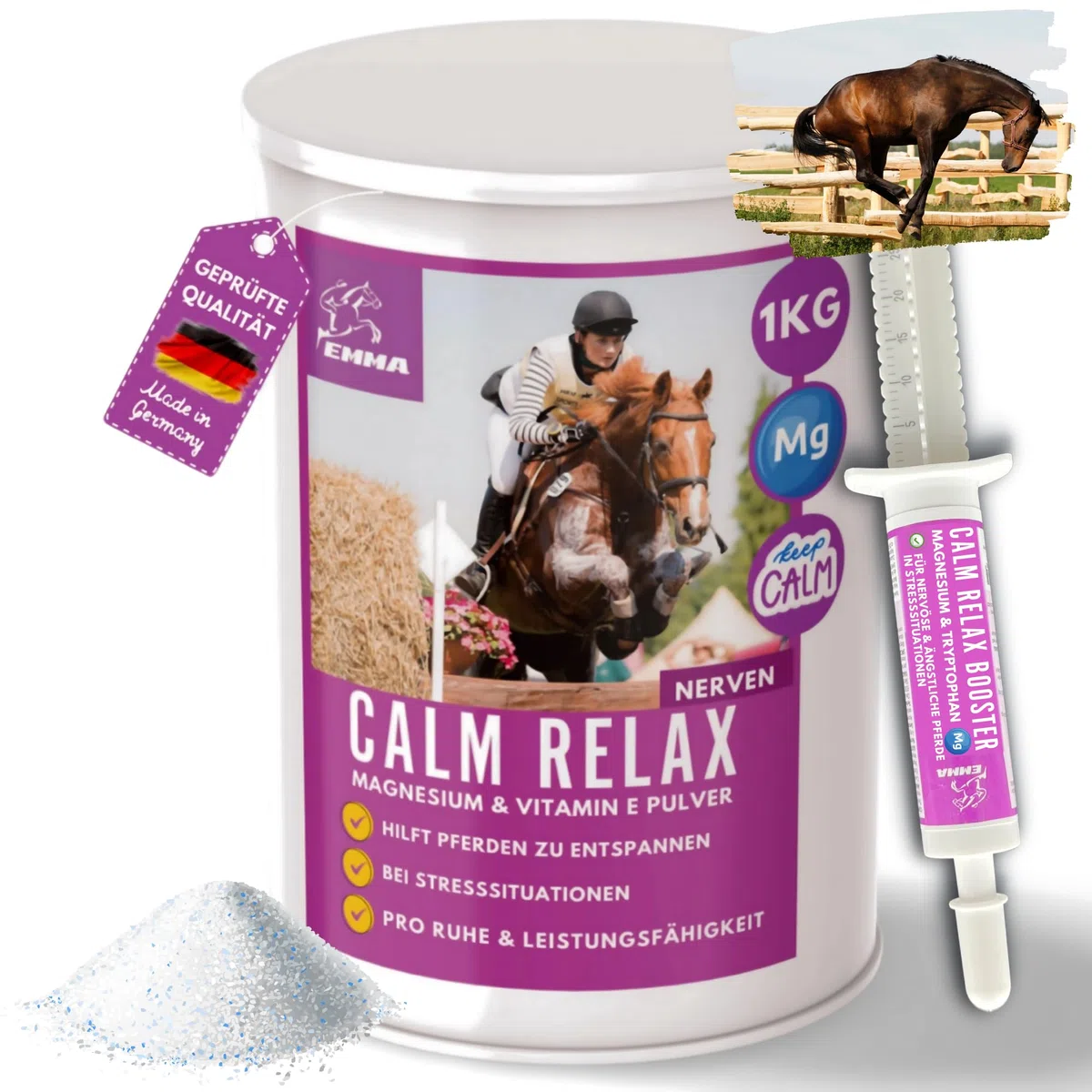 Calm Relax Magnesium Pferd Pulver + Paste 1kg/30ml – Magnesium-Komplex & Tryptophan I Vitamin E & B-Komplex I Anti-Stress Zusatzfutter für Nerven Gelassenheit Angst Transport I Beruhigungsmittel Pferd