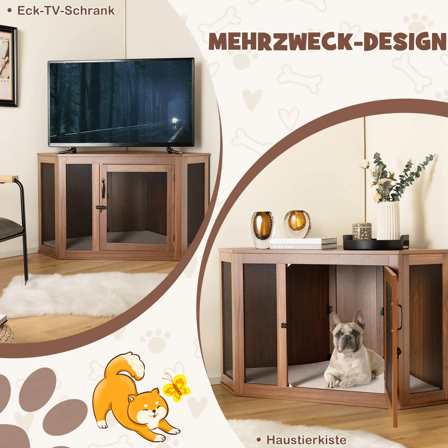 COSTWAY Hundehütte Eck, Hundebox mit Tür & Kissen, Haustierkiste Möbelstil für kleine Hunde Katze Haustier, Tierkäfig Hundekäfig Hundehaus Haustierhaus Zuhause Innen, Braun, 114 x 60 x 68 cm