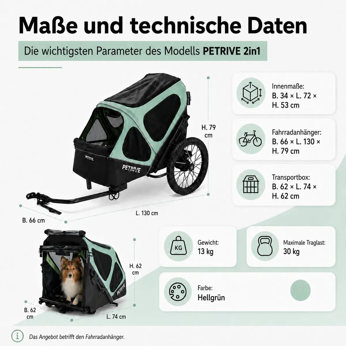 4-in-1 Fahrradanhänger für Hunde, Hundewagen, großer Transporter bis 30 kg, PETRIVE (Hellgrün)
