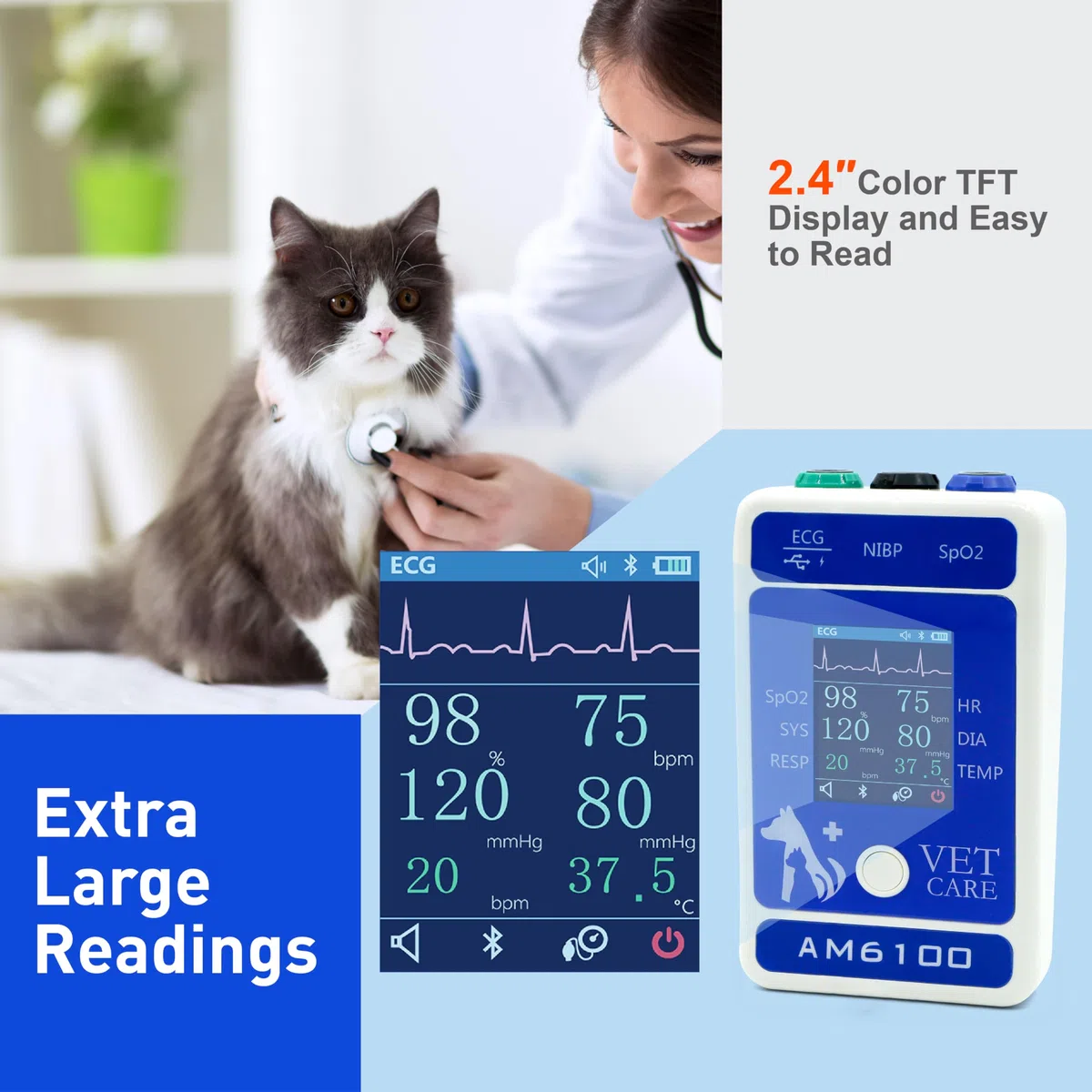 Digitaler Tierarztmonitor für Hunde und Katzen, 6 Parameter, Tier-Mnitoring-Ausrüstung, Vet Spo2 Pulsdruckmessgerät für Heimklinik, einfache Bedienung und klares Ablesen, Bluetooth 5.0