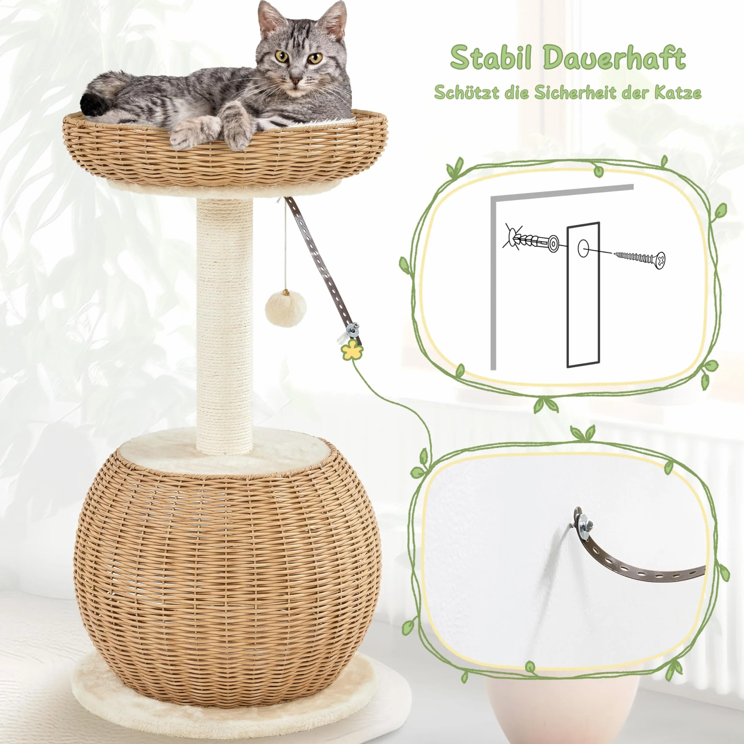 Yaheetech Kratzbaum Ratten Kletterbaum für große Katze, Stabiler Katzenkratzbaum mit Katzenhöhle Plüschball Katzenkorb Sisal Katzenmöbel 75 cm Beige