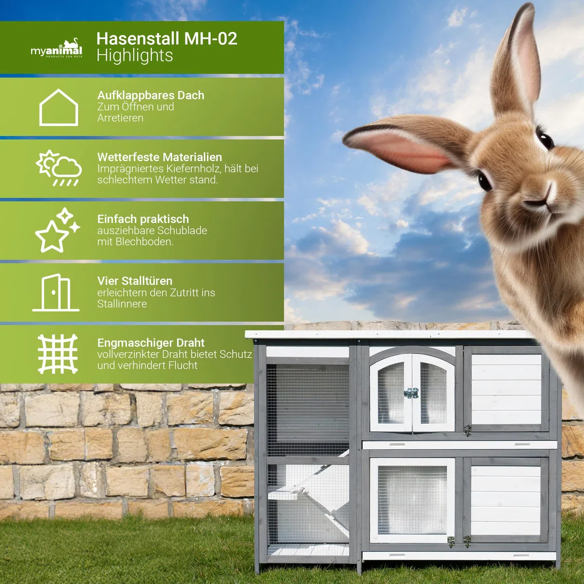 MyAnimal Hasenstall MH-02 | 140x48x108 cm - Kaninchenstall - Hasenkäfig - Kleintierkäfig - Holz imprägniert - Kaninchenkäfig Winterfest - Kleintiergehege - Käfig - Hasenhaus (Grau/Weiß)