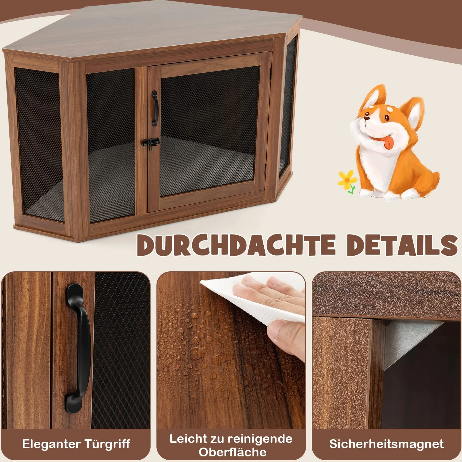 COSTWAY Hundehütte Eck, Hundebox mit Tür & Kissen, Haustierkiste Möbelstil für kleine Hunde Katze Haustier, Tierkäfig Hundekäfig Hundehaus Haustierhaus Zuhause Innen, Braun, 114 x 60 x 68 cm