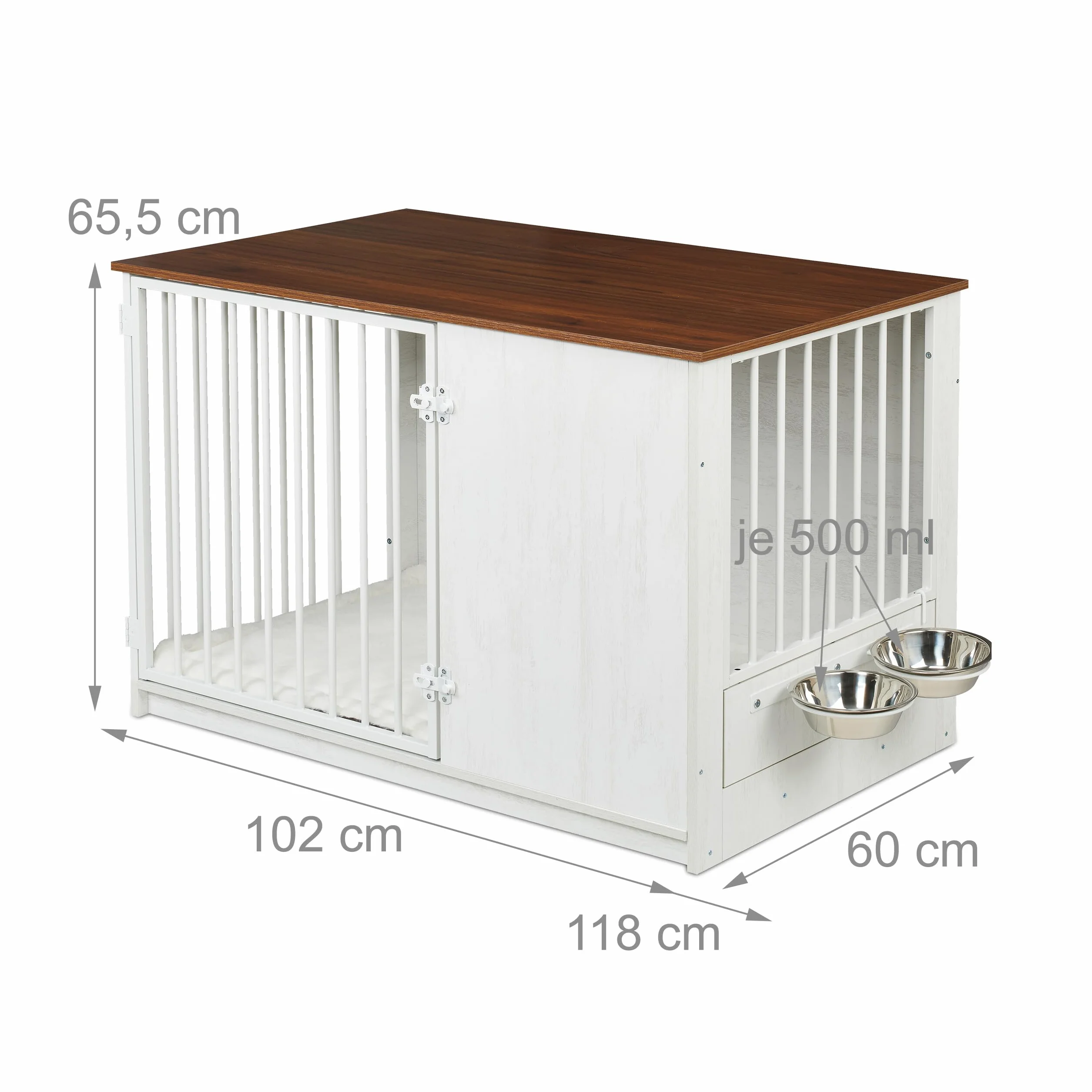 Relaxdays Hundekäfig, für Zuhause, HBT: 65,5x102x60 cm, Hundemöbel, 2 drehbare Näpfe, Hundebox, MDF & Stahl, weiß/braun