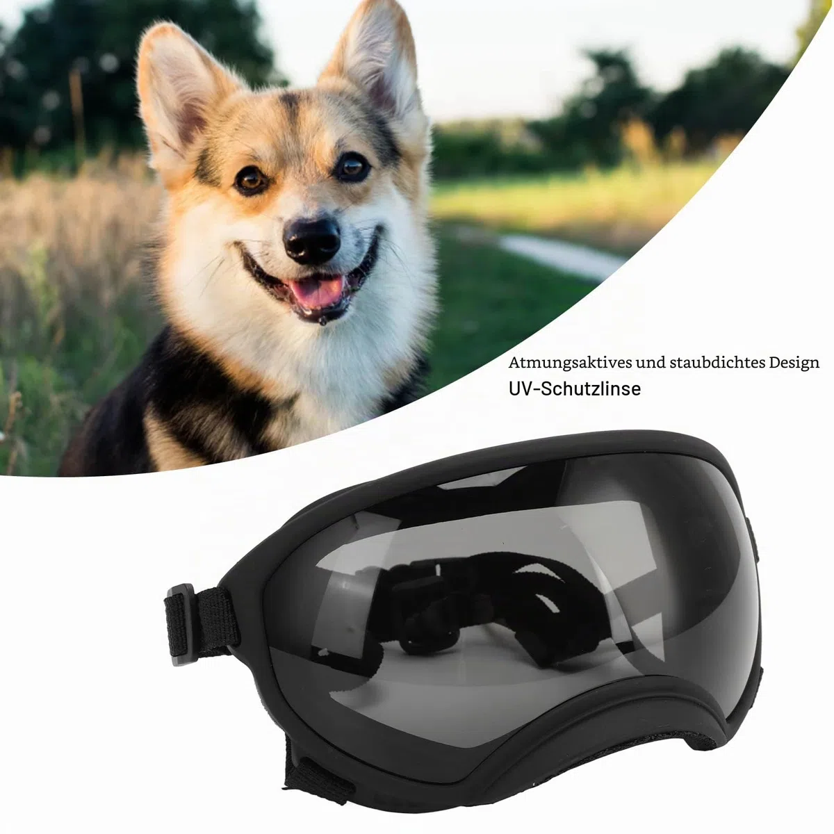 VBESTLIFE Hundebrille, Winddicht, UV-beständig, Staubdicht, Verstellbarer Riemen, Langlebige Hundesonnenbrille für Große Rassen (Schwarzer Rahmen, graue Linse)