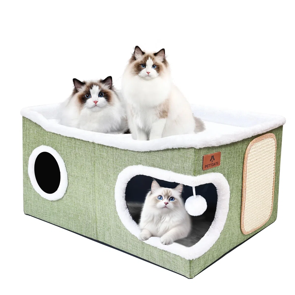 Extra Große Katzenhaus Indoor, 2-stöckige Kuschelhöhle mit Kratzbrett und Spielball, Katzenhöhle für Katzen, Ideal für Mehrere Kleine Haustiere und Große Kätzchen, Grün