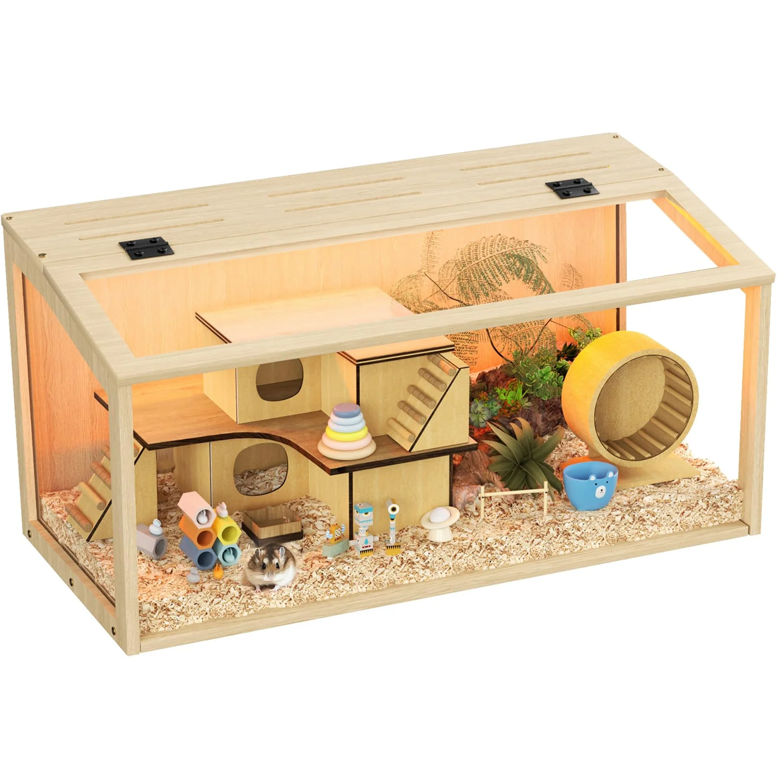 BingoPaw Hamsterkäfig Holz Kleintierkäfig Nagerkäfig Mäusekäfig mit klappbarem Deckel, 60 x 40 x 40 cm Natur