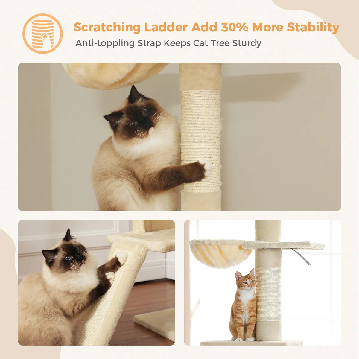 PAWZ Road Kratzbaum deckenhoch, Katzenbaum vom Boden bis zur Decke verstellbar, höhenverstellbar (216-273cm), Katzenturm mit Hängematte und Katzenhöhle, Anti-Sturzgurt Beige