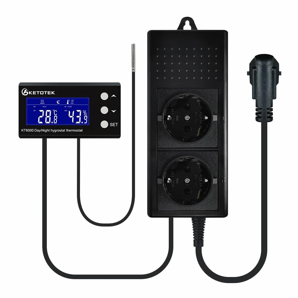 KETOTEK Thermostat Hygrostat Steckdose Digital mit Tag/Nacht Zeitschaltuhr, Temperaturregler Feuchtigkeitregler Steckdose mit Fühler 230V, Temperatur Feuchtigkeit Regler für Gewächshaus Terrarium
