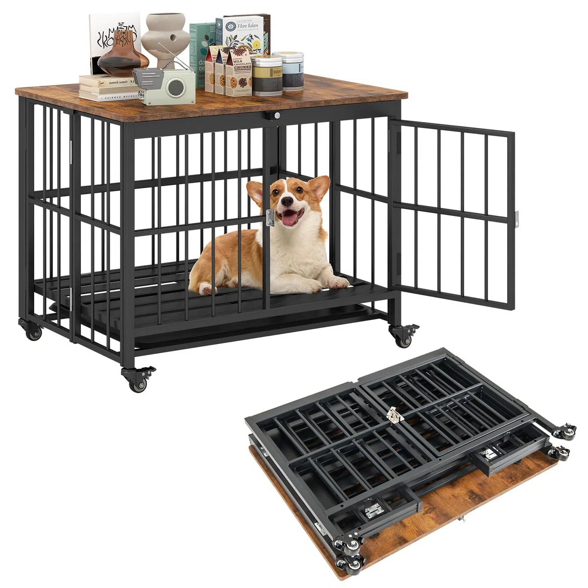 COSTWAY Hundekäfig Möbel, klappbar, Hundehütte mit Rollen, herausnehmbarem Tablett & abschließbarer Tür, 2 in 1 Beistelltisch Hundebox Indoor, Tierkäfig Metall Holz, Vintagebraun (80 x 61 x 64 cm)