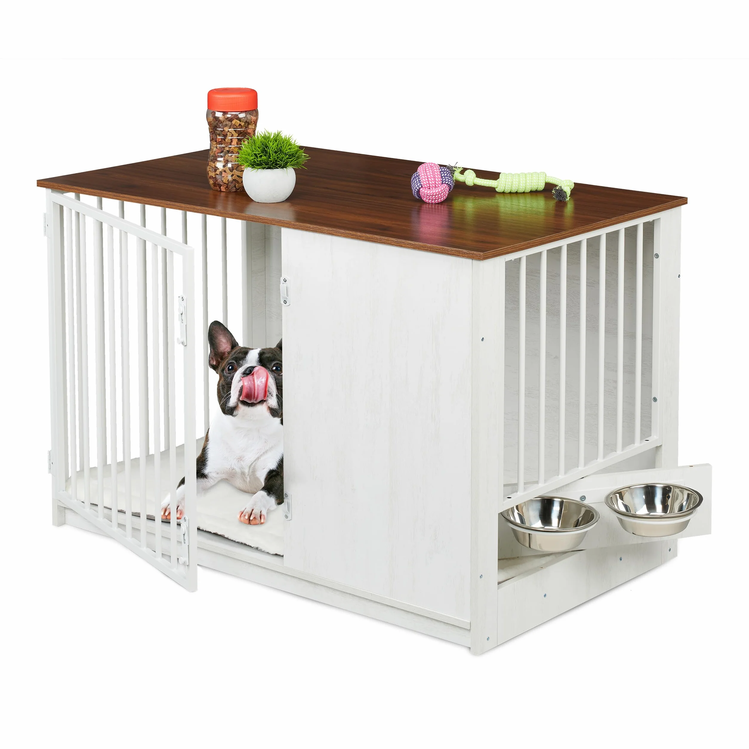 Relaxdays Hundekäfig, für Zuhause, HBT: 65,5x102x60 cm, Hundemöbel, 2 drehbare Näpfe, Hundebox, MDF & Stahl, weiß/braun
